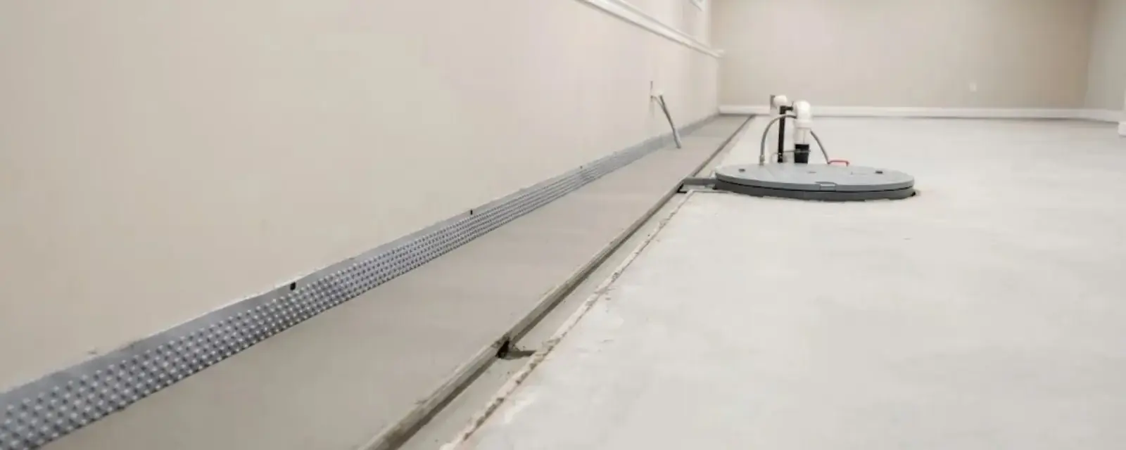 Interior drainage channel running along a finished basement floor edge