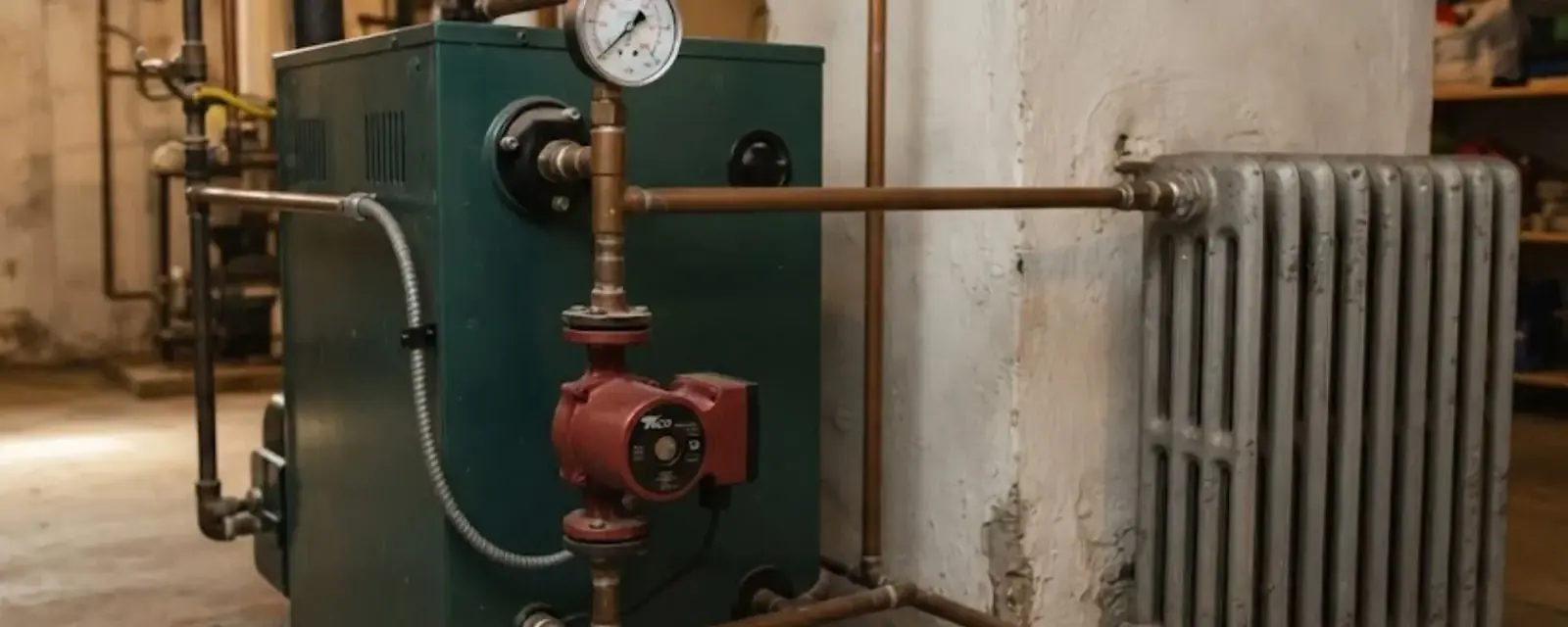 Older residential boiler with gauges and a radiator in a basement