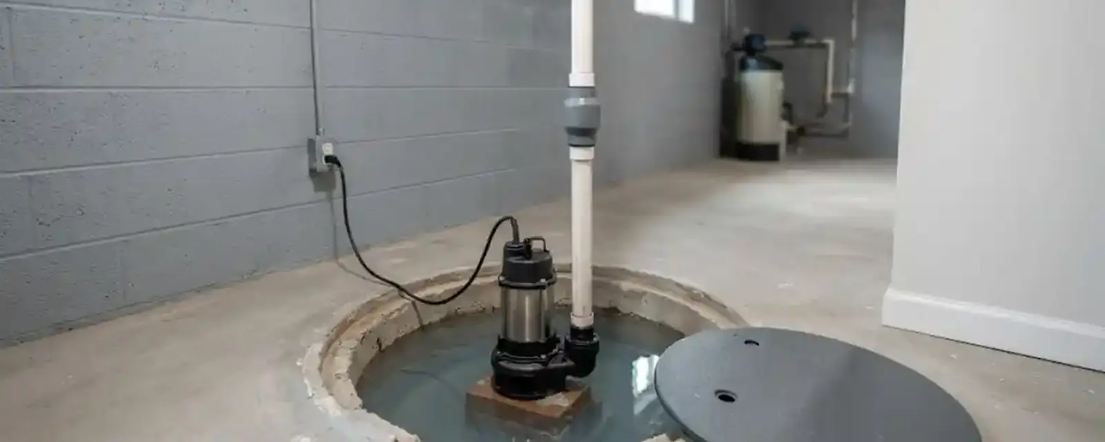 Sump pump in a clean basement pit with a discharge pipe and cover