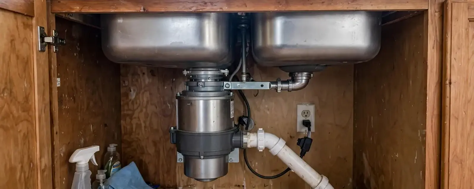Garbage disposal and drain pipes under a double kitchen sink