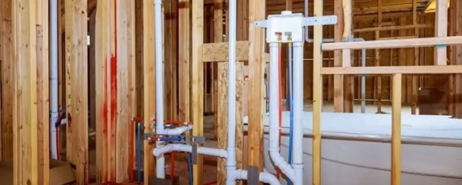 New rough-in plumbing with white drain pipes and supply lines in open wall framing
