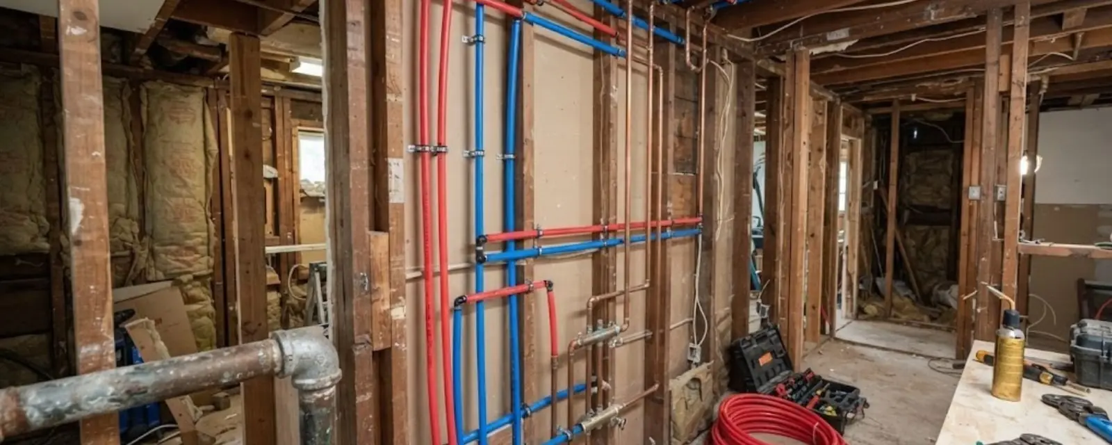 Open wall framing with new red and blue PEX supply lines