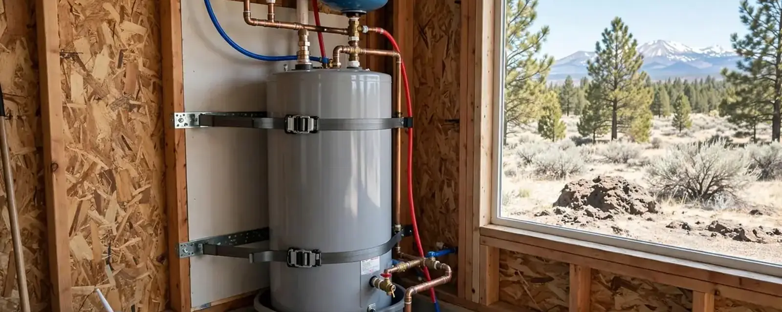 Newly installed tank water heater strapped to a wall with copper supply lines