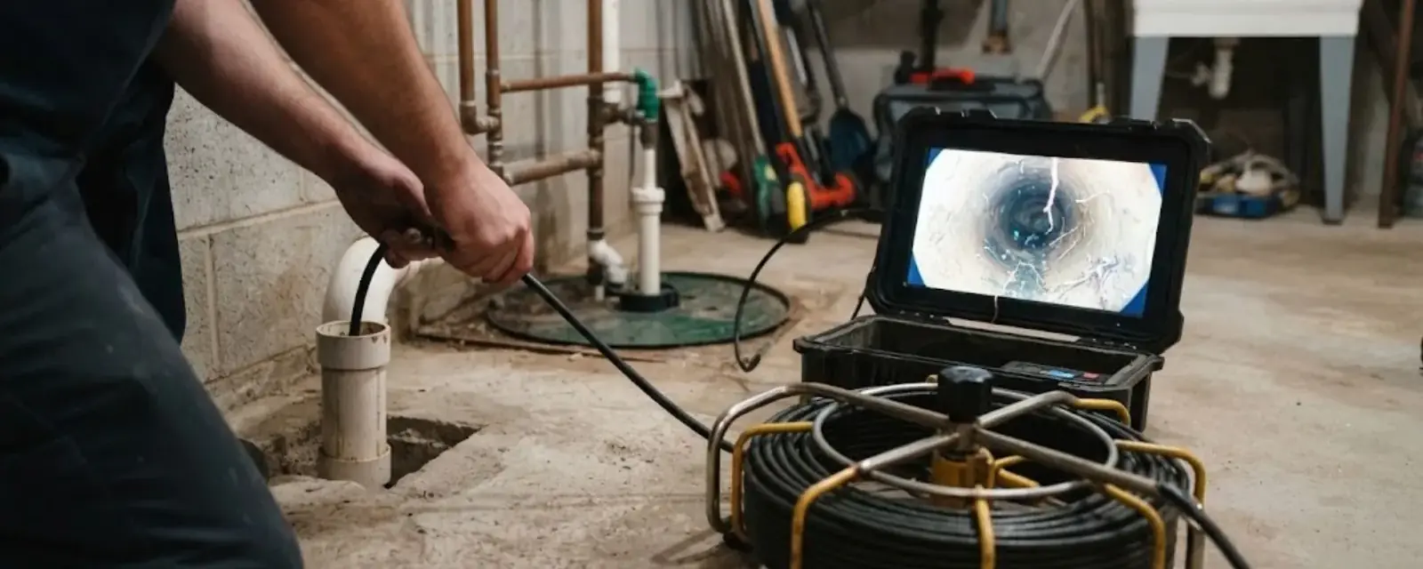 Sewer inspection camera and monitor set up next to a basement cleanout