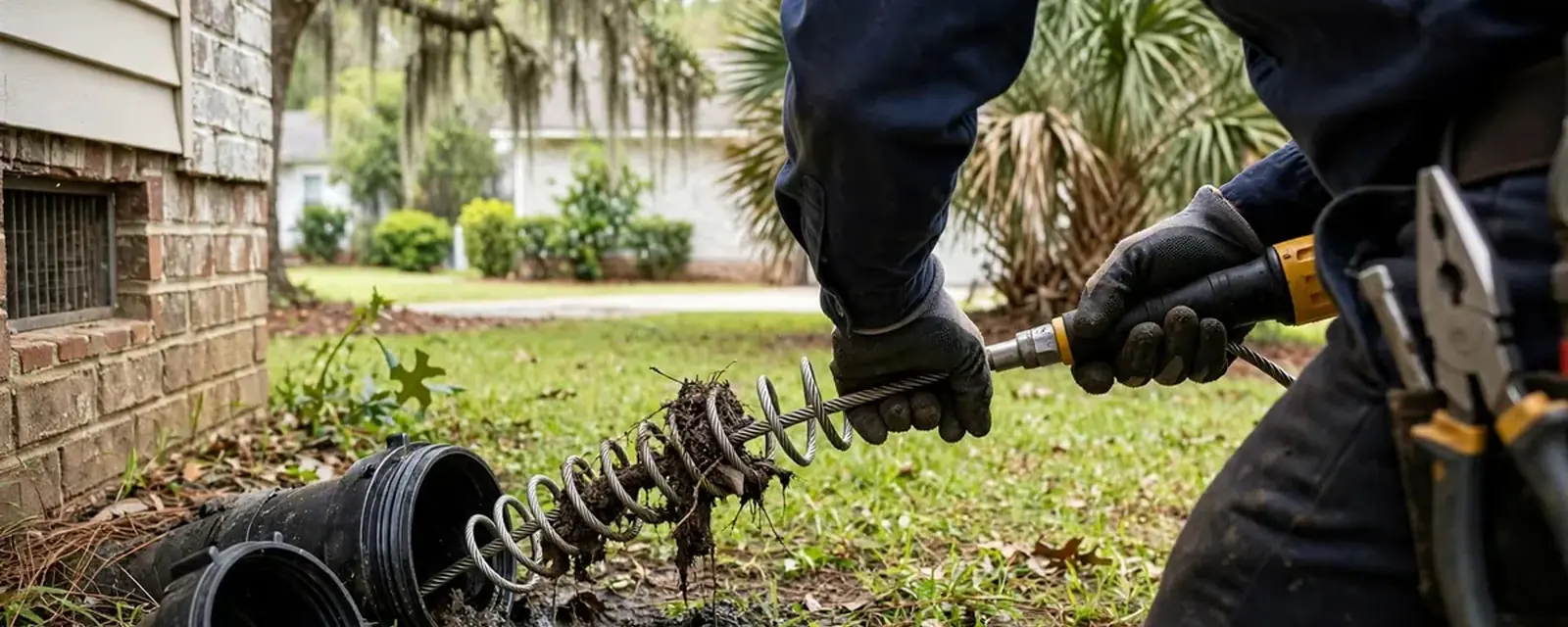 Plumber feeding a cleaning cable into a sewer cleanout in a front yard