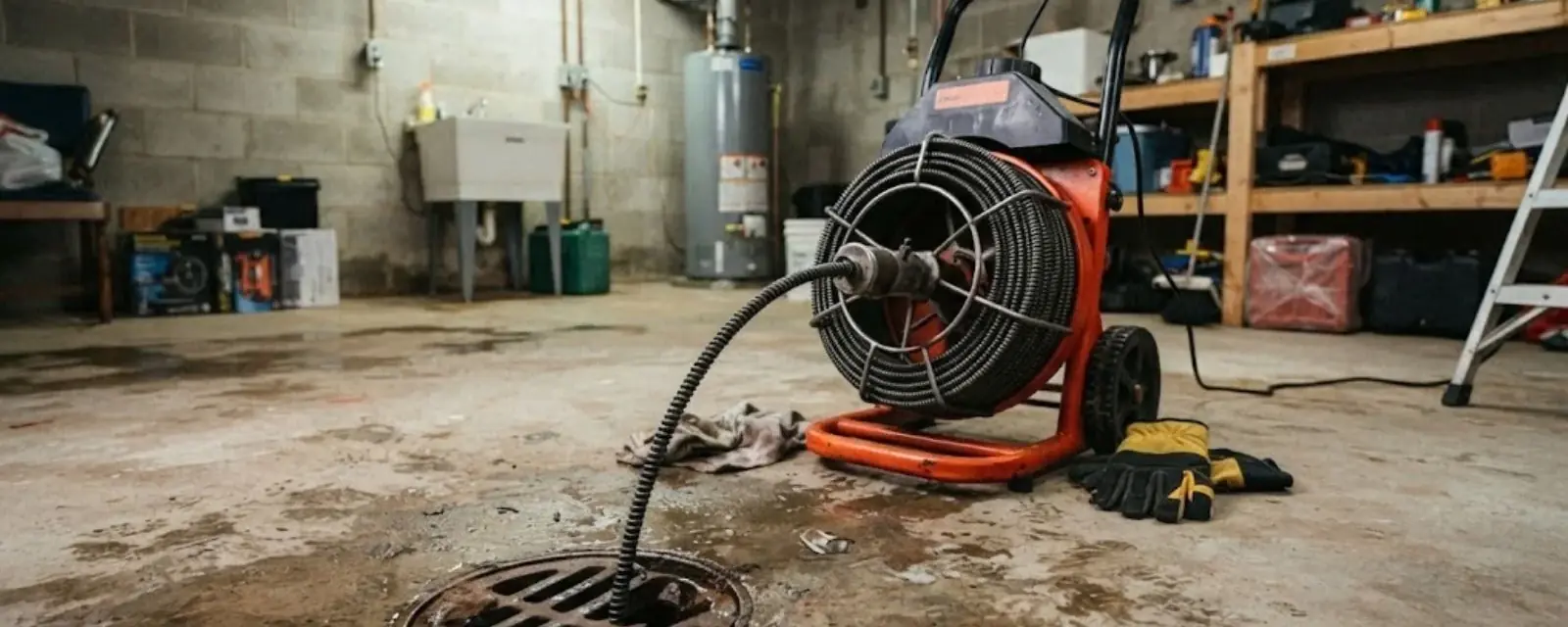 Plumber running a drain cleaning machine cable into a floor drain in a garage