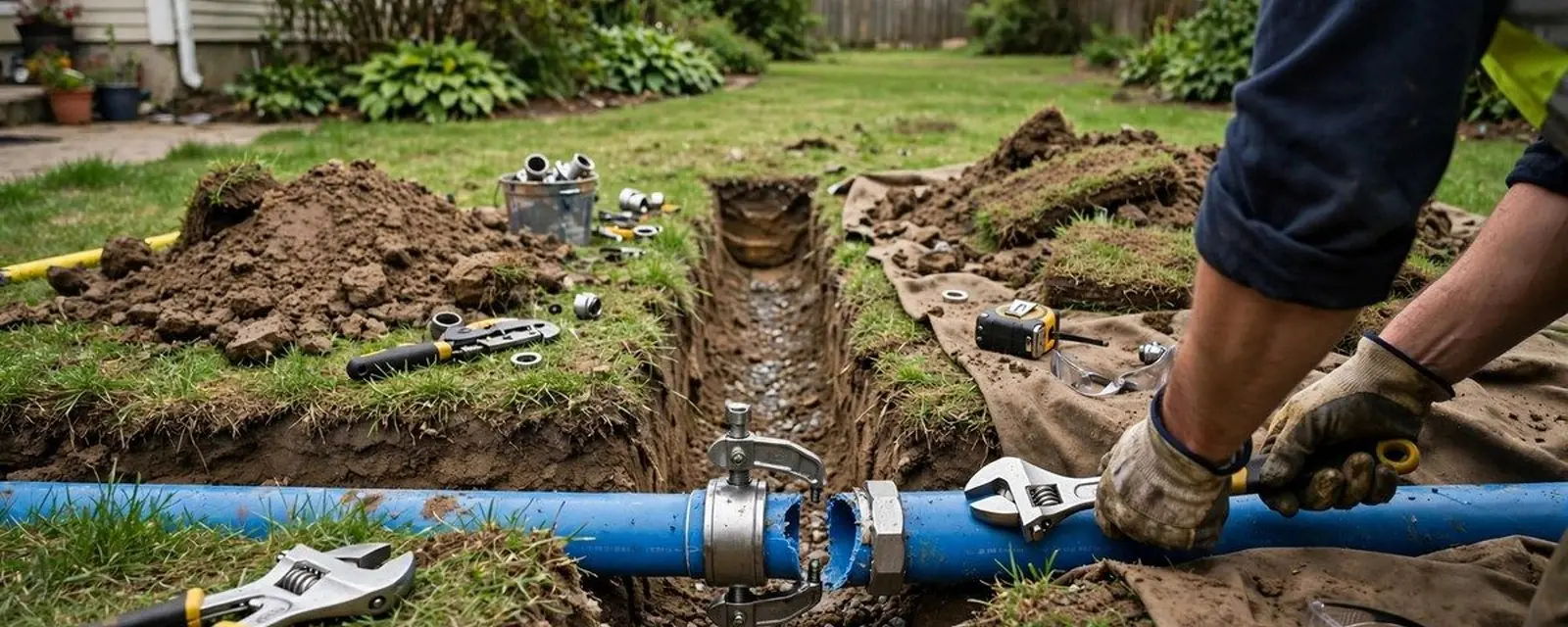 Trench with a blue water service line being connected at a pipe fitting