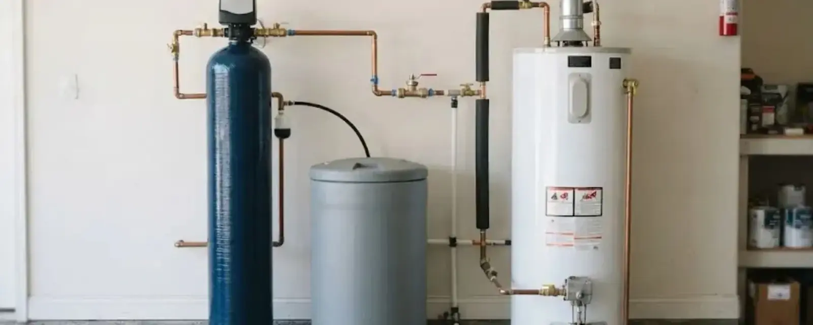Water softener with a brine tank beside a water heater in a garage