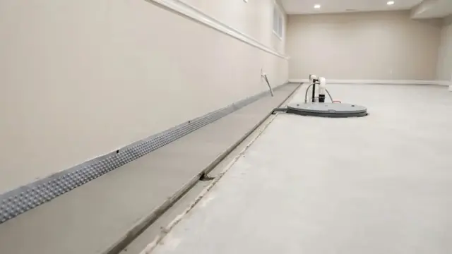 Interior drainage channel running along a finished basement floor edge