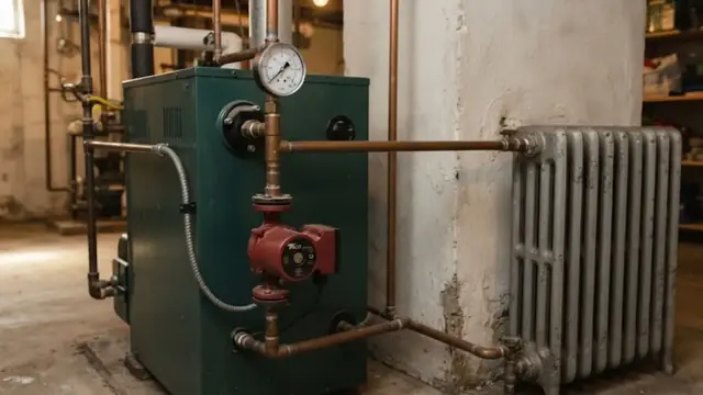 Older residential boiler with gauges and a radiator in a basement