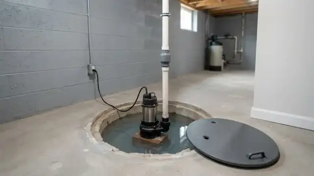 Sump pump in a clean basement pit with a discharge pipe and cover