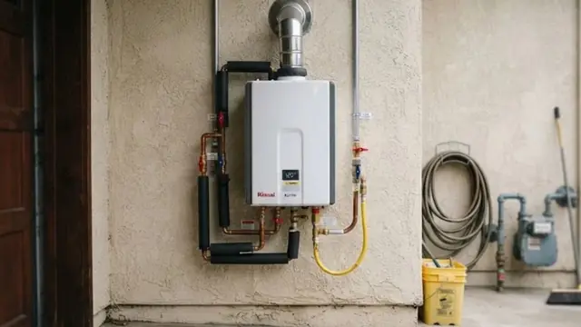 Wall-mounted tankless water heater with gas and water connections