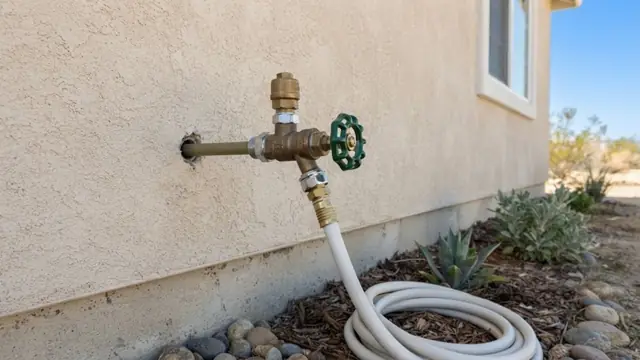 Outdoor hose spigot on a house wall with a garden hose attached