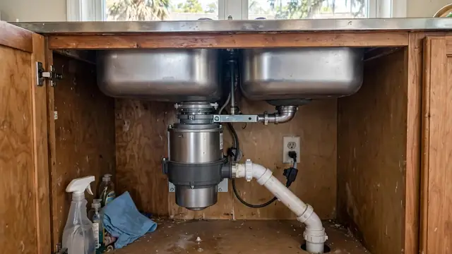 Garbage disposal and drain pipes under a double kitchen sink