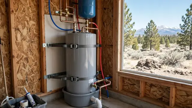 Newly installed tank water heater strapped to a wall with copper supply lines