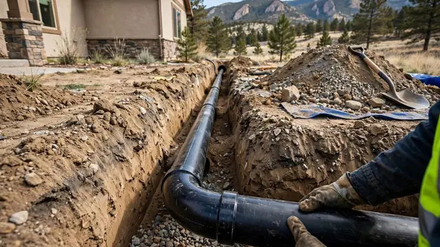 Open yard trench with a black sewer pipe being repaired