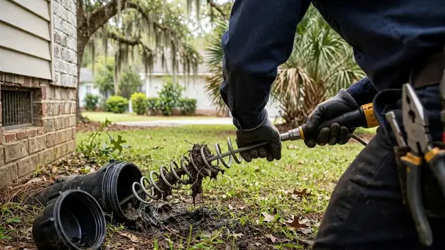 Plumber feeding a cleaning cable into a sewer cleanout in a front yard