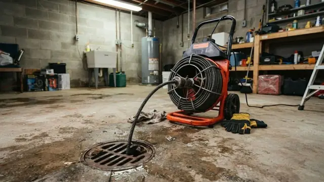 Plumber running a drain cleaning machine cable into a floor drain in a garage